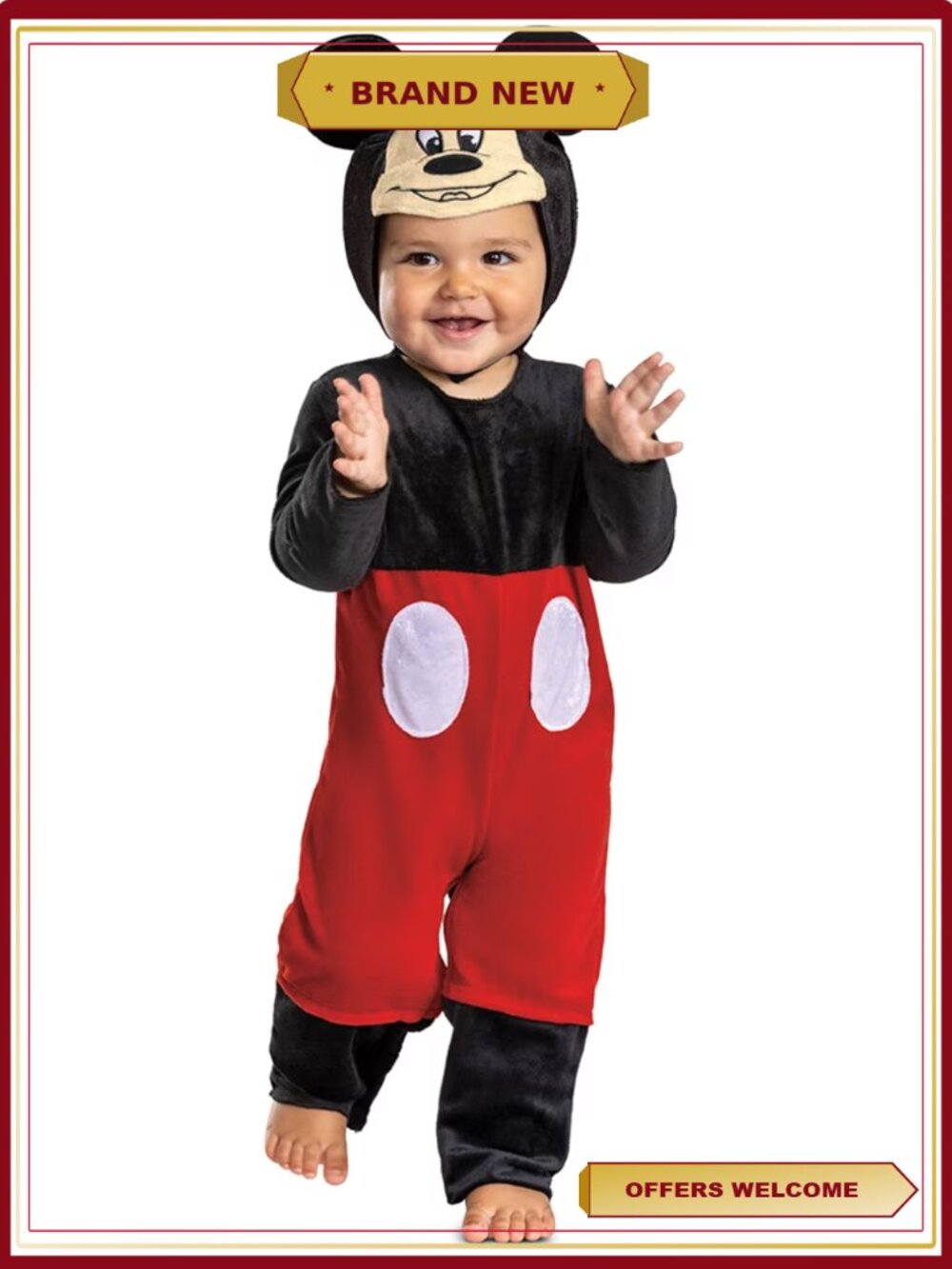 Disney Mickey Mouse Halloween Costume Infant 12-18M Plush Jumpsuit Headpiece